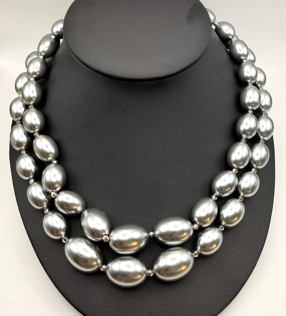 Talbots Silver Grey Glass Pearl Marcasite Bead Necklace 2 Stranded Graduated 19"